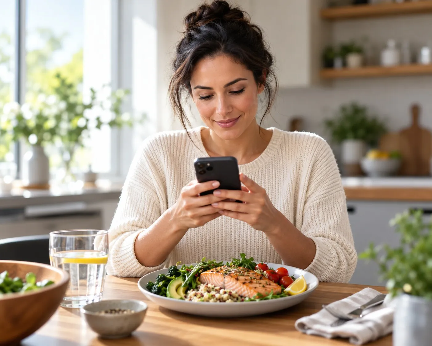 A woman looking at a personalised meal plan on her smartphone at a kitchen table, with a balanced plate of salmon, grains and greens in the foreground.