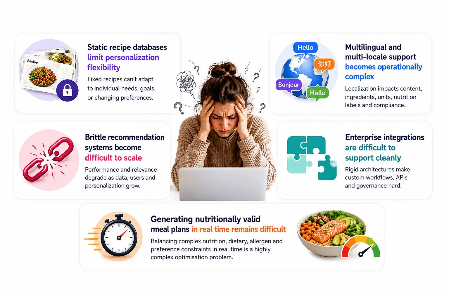 The problems with meal planning: static recipes, brittle recommenders, real-time validity, multilingual support and enterprise integration.