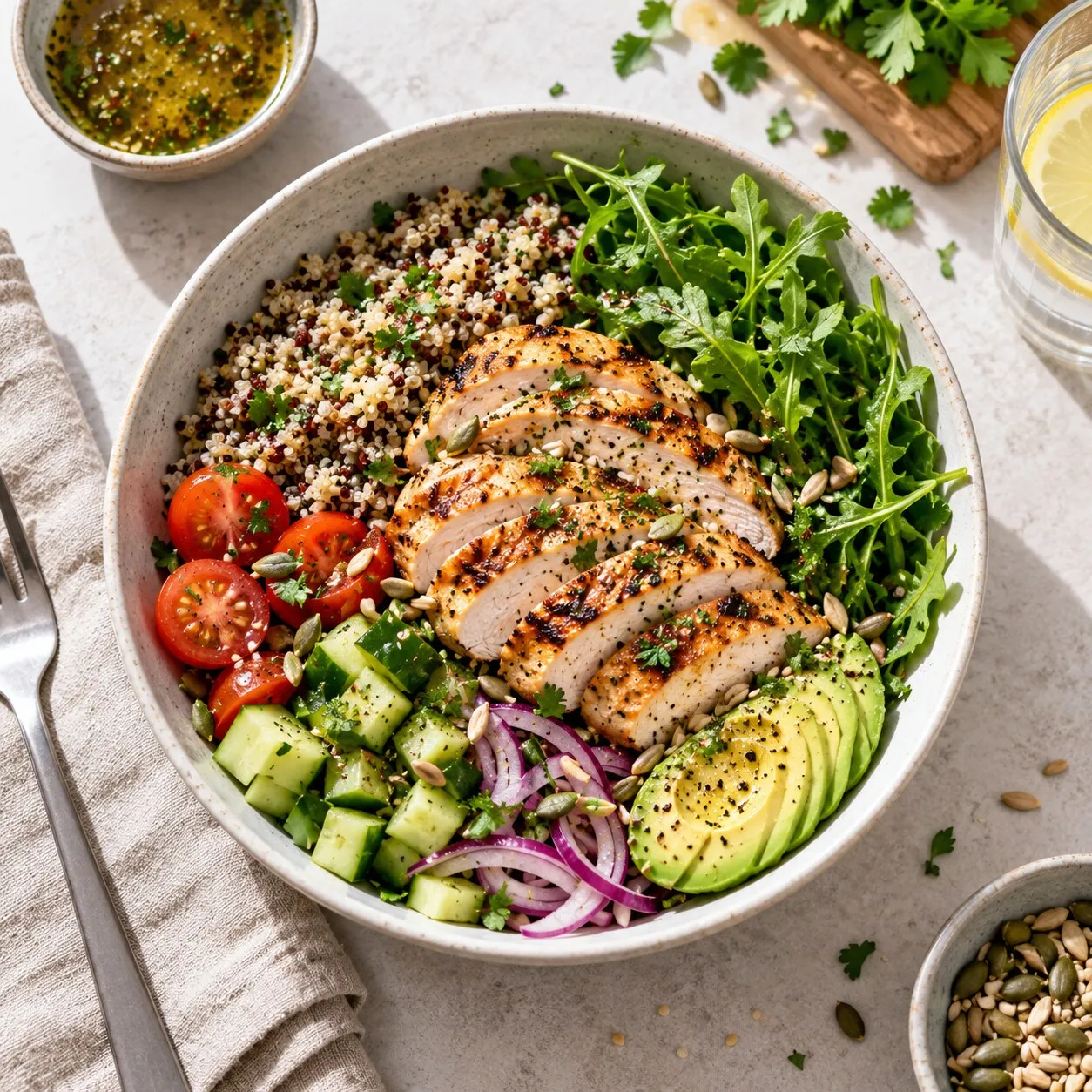 Overhead view of a grain bowl with sliced grilled chicken, quinoa, arugula, cucumber, cherry tomatoes, red onion and avocado, sprinkled with seeds, on a light table.